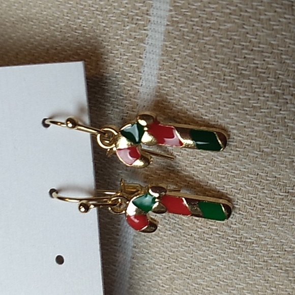Hypoallergenic Metal Christmas Earrings Candy Cane in Gold, Red & Green - Picture 7 of 7